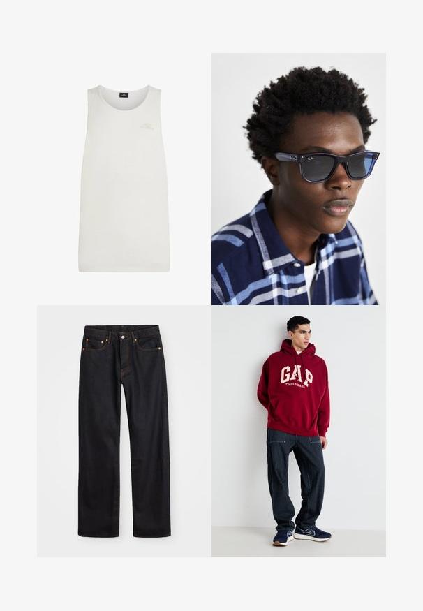 Valkoinen toppi, joka on valmistettu kevyestä kankaasta. Ominaisuuksiin kuuluu pyöreä kaula-aukko ja pieni, kohotettu logo rinnassa. Yksinkertainen, sileä muotoilu.; Miestne čierne rovné džínsy so štyrmi vreckami a oranžovým šitím, zapínanie na gombík a zips na prednom pásku.; Bordeaux-huppari, jossa on kermanväriset painatukset "GAP" ja "TIMES SQUARE", yhdistettynä tummansinisiin raidoitettuihin housuihin ja tummansinisiin tennareihin, joissa on valkoisia yksityiskohtia.; Sinivihreät Ray-Ban aurinkolasit kiiltävällä pinnalla, neliskanttinen muoto ja tummat linssit; yhdistettynä tummansiniseen ja vaaleansiniseen ruudulliseen paitaan.