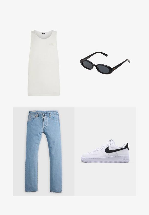Valge tank top, mis on valmistatud kergest kangast. Omab ümarat kaelust ja väikest relieflogo rinnal. Lihtne ja ühtlane disain.; Heledad hall sinine sirge jala denim püksid, millel on nupuvärgiga, vöökohad ning ees ja taga taskud, esitatud valgel taustal.; Valge nahast toss musta tekstuuriga Swooshiga, lamedate nööridega ja kummist tallaga, millel on sooneline muster. "AIR" on reljeefne kandadel.; Mustad mustad prillid ovaalsete läätsedega, sujuvast plastmassraamist ja kuldsete aktsentidega tempel. Tumedaid läätsi, mis pakuvad päikese kaitset.