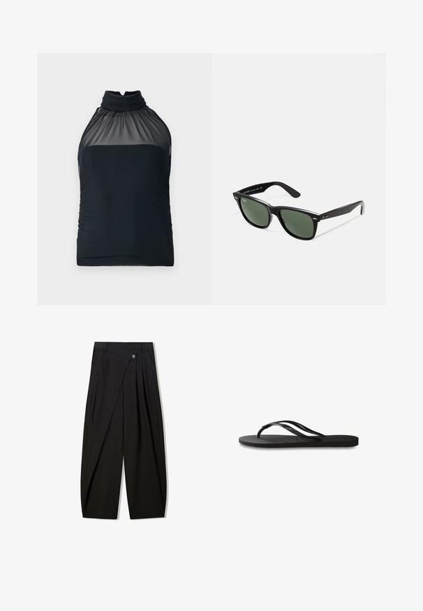 Zwarte haltertop met doorschijnende mesh halslijn en geraffineerde stof. Fitted ontwerp met een gladde textuur en lichte rimpeling aan de zijkanten.; Zwarte brede pantalon gemaakt van soepele stof, met voorkeerdiezels, een knoopsluiting en een maatwerkontwerp voor een gestructureerde silhout.; Zwarte flip-flop met een gestructureerde rubberen zool, twee slanke banden en een subtiele, ingedrukte logo-detail op de band.; Zwarte plastic zonnebril met groene lenzen, vierkante montuur, zilveren accent op de wenkbrauw en een gestructureerde tempel. Merken vermeld op de binnenkant van de arm.; Kleine zwarte glanzende leren trekkoord portefeuille met korte handvaten op een lichtgrijze achtergrond.