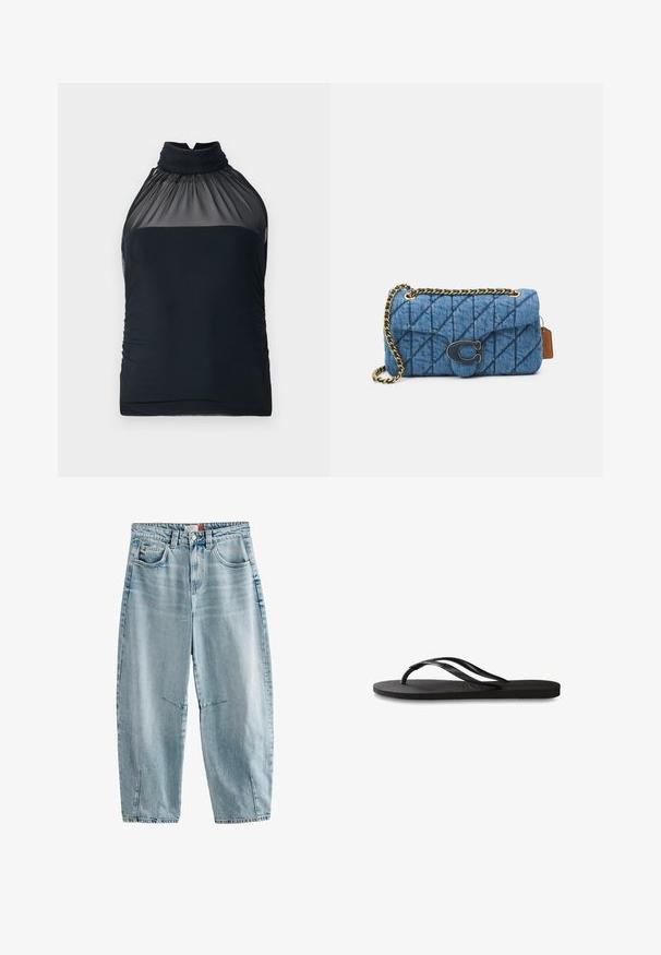 Zwarte haltertop met doorschijnende mesh halslijn en geraffineerde stof. Fitted ontwerp met een gladde textuur en lichte rimpeling aan de zijkanten.; Lichtblauwe spijkerbroek met hoge taille, relaxed fit, twee zijzakken, subtiele vervaging en zijsplitten aan de onderrand.; Zwarte flip-flop met een gestructureerde rubberen zool, twee slanke banden en een subtiele, ingedrukte logo-detail op de band.; Blauwe gewatteerde denim schoudertas met een gouden kettingstrap en een opvallend gouden logo accent op de voorkant. Compact rechthoekig van vorm.