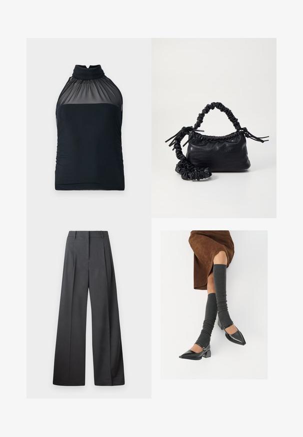 Černý top na krk s průhlednou síťovanou výstřihov a nabranou tkaninou. Přiléhavý střih s hladkým povrchem a mírným řasením po stranách.; Široké kalhoty z tmavě šedé látky, s vysokým pasem, jedním skladem a hladkou texturou s čistým zakončením na lemech.; Černé lakované boty s špičatou špičkou, blokovým podpatkem a kotníkovým páskem, spárované s šedými žebrovanými návleky na nohy a hnědskou sukní z semiše.; Černá kabelka z umělé kůže s krokodýlím vzorem, staženým vrškem a zmačkaným popruhem. Zdá se, že má měkký a kompaktní design.