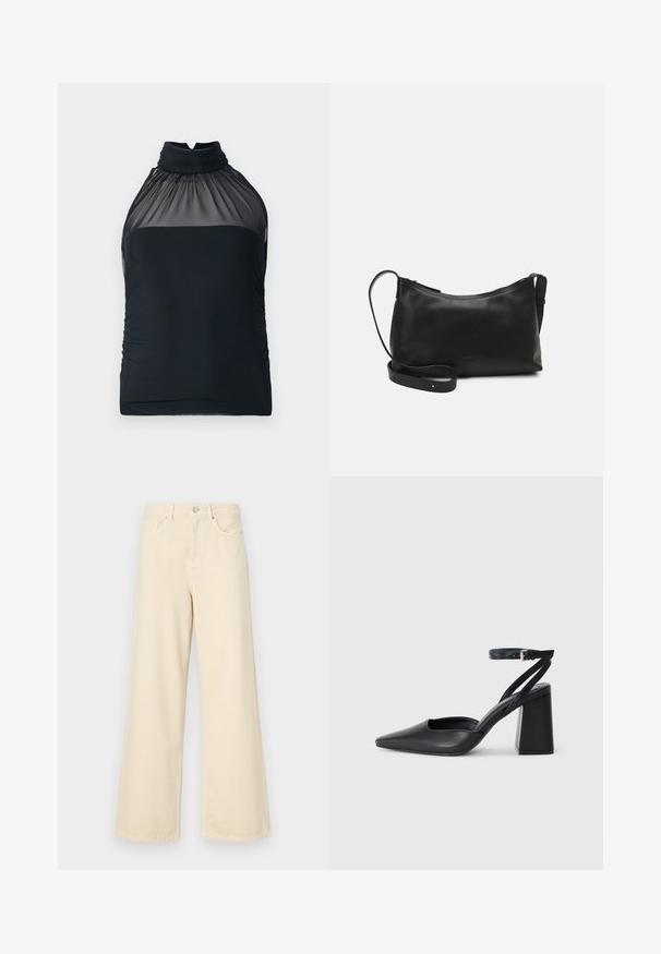 Crna haljina na vezivanje s prozirnim mrežastim izrezom i nabranim materijalom. Prilagođen dizajn s glatkom teksturom i blagim nabiranjem s strana.; Bež traperice širokih nogavica napravljene od pamuka. Imaju zatvaranje na dugme, petlje za remen i prednje džepove s glatkom, mekanom teksturom.; Crne kožne cipele s špicastim vrhom, remenom oko gležnja i debelim potplatom. Ravna tekstura, elegantan dizajn i minimalistička estetika.; Crna kožna torba na rame s glatkom teksturom, zakrivljenim oblikom, podesivim remenom i zatvaranjem na patentni zatvarač. Minimalistički dizajn bez ukrasa.