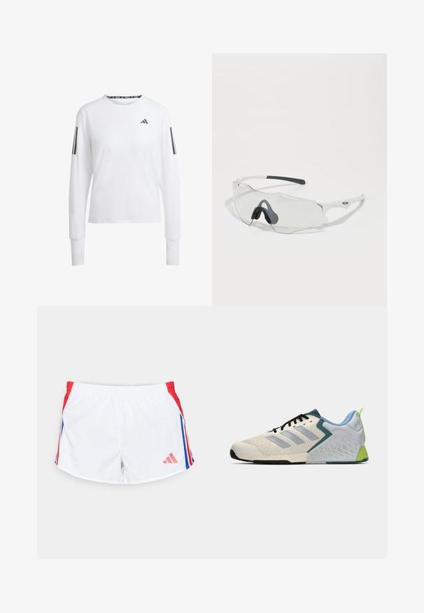 Ilga rankovė sportinė marškinė, balta su pilkais akcentais. Turi apvalų kaklą, kvėpuojančią medžiagą ir trijų juostelių dizainą ant rankovių.; Baltos sportinės šortai su raudonomis šoninėmis juostelėmis, turinčiomis mėlynas juosteles. Elastinga juosmens juosta ir logotipas apatinėje kairėje pusėje. Lygi audinio tekstūra.; Lengvi sportiniai bateliai su smėlio spalvos tinklelio viršumi, pilkomis juostelėmis, žaliu akcentu ir tekstūruotu mėlynu kulno užsegimu. Juodi raišteliai.; Akiniai nuo saulės su skaidriu lęšiu, balta rėmelio spalva ir pilkiais gumos nosies pagalvėlėmis. Išsiskiria elegantišku dizainu, kampuota forma ir minimaliais metaliniais akcentais.