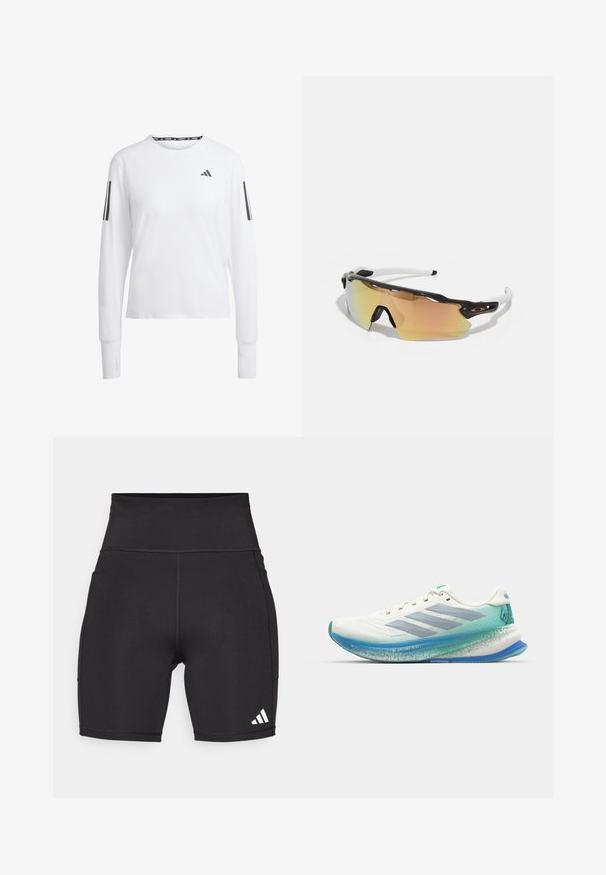 Long-sleeve athletic shirt, white with gray accents. Features crew neckline, breathable fabric, and three-stripe design on sleeves.; Black athletic shorts made of stretchy fabric. High waistband, mid-thigh length, with white three-stripe logo on the lower left side.; White running shoe with a breathable mesh upper, light blue midsole, and teal accents. Features a sleek design and textured sole.; Sunglasses with a black and white frame, large mirrored lenses in gold and pink hues, aerodynamic design, and an extended outer rim.