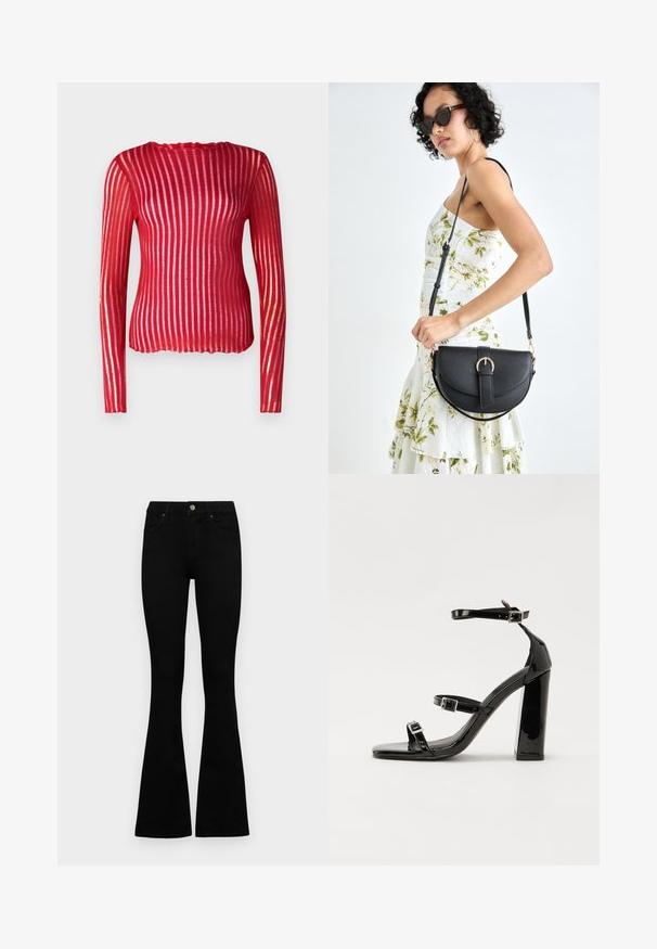 Piros, hosszú ujjú, testhez simuló felső, vertikális áttetsző csíkokkal, fodros nyakkivágással és bordázott textúrával, könnyű anyagból készült.; Fekete, magas derekú farmernadrág gomb- és cipzárzárral, elülső zsebekkel és harangszárral, laposan egy fehér háttérre terítve.; Fekete lakk magas sarkú szandál négyzet alakú orral, bokapántokkal és ezüst csatokat tartalmaz. Masszív blokk sarka a stabilitásért felel.; Fekete bőrtáska ívelt formával, levehető pánttal és arany színű fémrészekkel. A táskán egy csattal díszített fedél található.