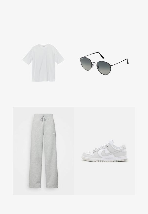 Witte t-shirt met korte mouwen, gemaakt van zachte stof. Ronde halslijn, relaxte pasvorm en geen zichtbare patronen of accenten. Eenvoudig, veelzijdig ontwerp.; Grijze sweatpants met een elastische tailleband, een trekkoord-detail en een klein wit Nike-logo op de linkerdij. Zachte stof, losvallend.; Witte leren sneakers met grijze accenten, geperforeerde teen, platte veters, gevoerde kraag en een gemanipuleerde rubberen zool.; Zwarte metalen zonnebril met ronde gradient lenzen, voorzien van dunne pootjes en transparante neuspads voor een comfortabele pasvorm.