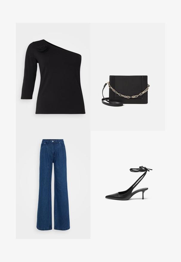 Schwarzes, schulterfreies Oberteil mit dreiviertel Ärmeln, versehen mit einer dekorativen Stoffrose an der linken Schulter, aus glattem, dehnbarem Material gefertigt.; Weite blaue Jeans mit hoher Taille, vorderem Knopf- und Reißverschlussverschluss sowie Vorder- und Hintertaschen vor einem schlichten Hintergrund.; Schwarzer Leder-Stiletto mit spitzem Zehenbereich, offenem Fersenbereich und mit einer Schleife gebundenen Knöchelriemen. Schlanker 3-Zoll-Absatz. Glatte Textur, minimalistisches Design.; Schwarze Leder-Crossbody-Tasche mit glatter Textur, rechteckiger Form und metallic-kettendetail auf der Vorderseite. Verstellbarer Gurt inklusive.