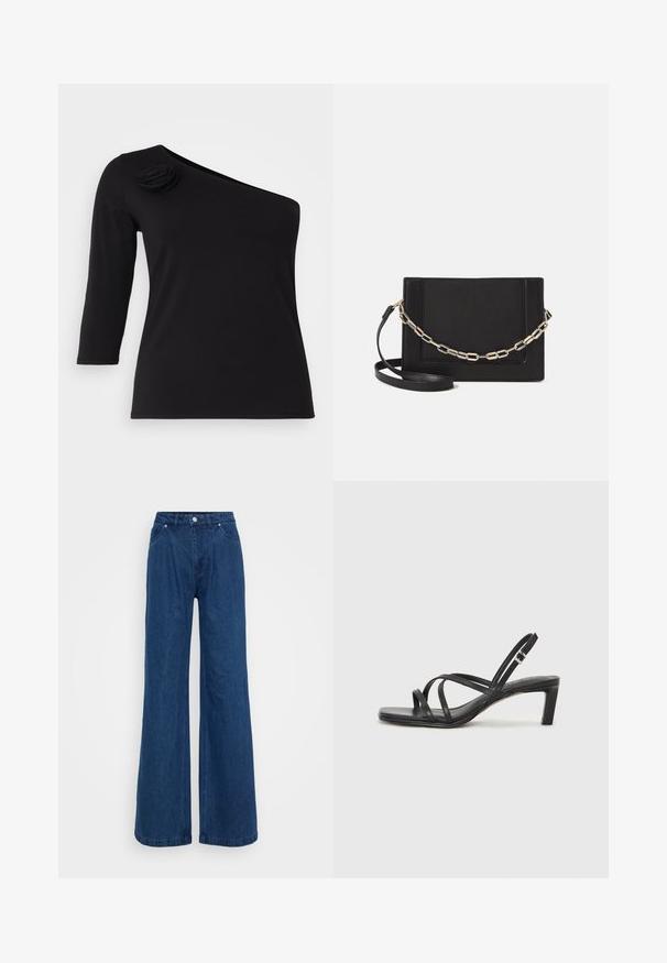 Juodas off-shoulder viršus su trimis ketvirtadaliais rankovėmis, su dekoratyvine audinio rose ant kairiojo peties, pagamintas iš lygaus, tampraus medžiagos.; Mėlynos plačios džinsinio audinio kelnės su aukšta juosmens linija, priekyje mygtukas ir užtrauktukas, bei priekinės ir užpakalinės kišenės prieš paprastą foną.; Juodi šlepetės su kvadratiniu pirštu ir žemu bloku kulnu. Yra keli ploni dirželiai ir reguliuojamas kulkšnies diržas. Pagaminti iš lygios odos.; Juodas odinis per petį nešiojamas krepšys turi lygų paviršių, stačiakampio formą ir metalinę grandinėlę priekyje. Pridedama reguliuojama dirželis.; Sidabrinis dvigubas žiedas su lygiu, poliruotu paviršiumi. Pasižymi sklandžiu, kreiptu dizainu su persipinančiomis dalimis, suteikiančiomis modernų išvaizdą.