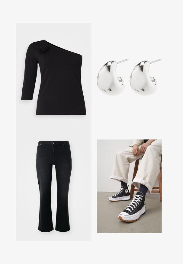 Čierny top bez ramienok s trištvrťovými rukávmi, s dekoratívnou látkovou ružou na ľavom ramene, vyrobený z hladkého, elastického materiálu.; Čierne denimové džínsy s polovičným pásom, predným gombíkom, dvoma prednými vreckami, dvoma zadnými vreckami a rozšíreným strihom nohavíc.; Čierne vysoké tenisky so bielymi šnúrkami a gumenou špičkou. Hrubá biela podrážka s štruktúrovanou hnedou podrážkou, nosené s námorníckymi pruhovanými ponožkami.; Strieborné náušnice vo forme kolíkov s hladkým, zakriveným dizajnom. Majú lesklý povrch a zapínanie na kolík pre bezpečné nosenie.