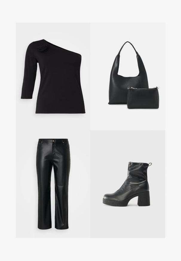 Mustam, õlgu vabastav pluus, millel on kolmveerandvarrukad ja vasakul õlal dekoratiivne kangast roos, valmistatud siledast ja venivast materjalist.; Mustast kunstnahast püksid sirge lõikega, millel on vöökohad, ees taskud ning lukuga sulgemine, millel on nööp. Sujuv tekstuur.; Mustad mustad ansapüksid, mis on valmistatud siledast nahast, külje zipperiga, paksu tekstuuriga kontsaga ja ümmarguse nina disainiga.; Even&Odd Käekott - black