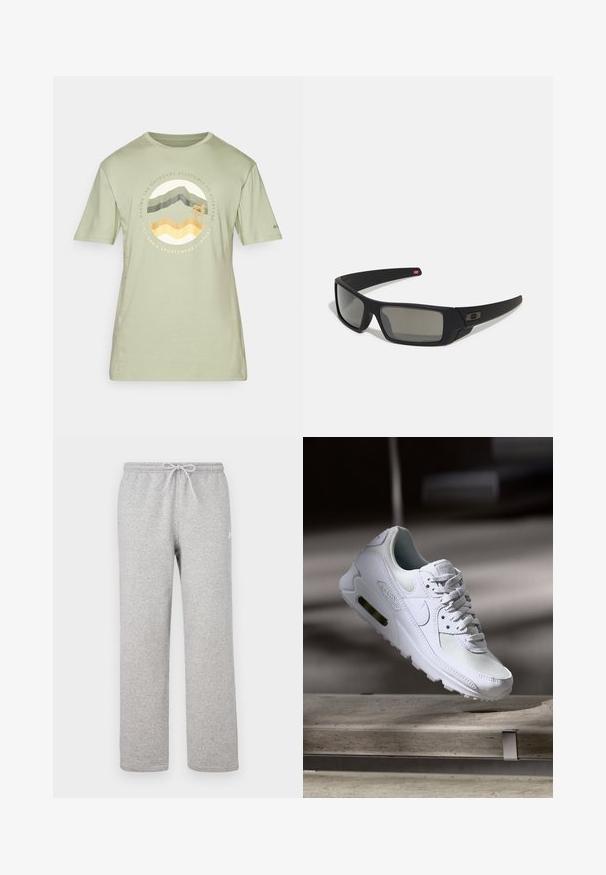 Lys grønn kortermet t-skjorte laget av mykt stoff. Har et sirkulært grafisk design med fjell, bølger og trær i dempede farger.; Grå joggebukse med elastisk midjebånd og snor. Laget av mykt stoff, de har rette ben og subtil logodetalj.; Hvit Nike Air Max 90 sneakers med øvre del laget av mesh og skinn, perforert tåboks og en synlig luftenhet i hælen.; Sorte solbriller med mat finish, rektangulære linser, lett kurv på brillestengene, diskret logo detaljer, og røyktinted linser.