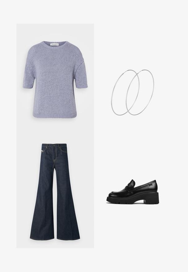 Licht paarse gebreide trui met korte mouwen, ronde halslijn, geribbelde boord en een losse pasvorm. De stof heeft een gestructureerde, zachte afwerking.; Donkerblauwe flared jeans van denim, met een hoge taille, gouden stiksels en twee voorzakken met een knoopsluiting.; Zwarte leren loafers met chunky hak en dikke zool, met een banddetail over de bovenkant, zijaanzicht op een witte achtergrond.; Zilveren hoepel oorbellen met een minimalistisch ontwerp. Cirkelvormig, gladde textuur en dun profiel. Lichtgewicht met een gepolijste afwerking.