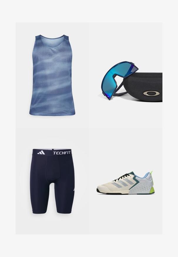 Mizuno GRAPHIC TANK - Top - citadel; Shorts atletici TECHFIT blu navy con design aderente, vita elastica con branding bianco e tessuto liscio e elastico.; Scarpe atletiche leggere con una tomaia in rete color crema, righe grigie, un accento verde e un tallone in textured blu. Lacci neri.; Occhiali da sole avvolgenti di colore blu con un design sportivo, appoggiati su una custodia nera texturizzata con un accento di logo metallico.