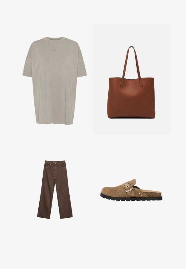Veľká tričko s krátkym rukávom svetlosivej farby, vyrobené z mäkkej látky. Má okrúhly výstrih a vyrazené logo na hrudi.; Džínsy s širokými nohavicami v hnedej farbe, vyrobené z denimu, so zvýšeným pásom, prednými vreckami a klasickým zapínaním na gombík. Hladká textúra s jemným prešívaním.; Hnedé semišové šľapky s okrúhlou špičkou, nastaviteľným prackovým popruhom a textúrovanou stielkou. Obsahuje čiernu gumovú podrážku s drážkami.; Hnedá kožená taška na rameno s hladkou textúrou, otvoreným vrchom a dvoma ramenými popruhmi. Má minimálne šitia a žiadne viditeľné kovania.