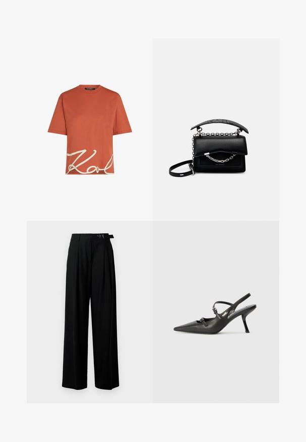 Rostfarbener Baumwoll-T-Shirt mit kurzen Ärmeln und Rundhalsausschnitt, ausgestattet mit weißem "Karl" Schriftzug auf der Vorderseite. Glatte Textur.; Schwarze weit geschnittene Hosen mit hoher Taille, Falten an der Vorderseite und einem Gürtel mit Schnalle. Hergestellt aus glattem, leichtem Stoff.; Schwarzlederne Slingback-Absätze mit spitzer Zehenform, schlankem Absatz und dekorativem Schnallendetail auf dem Blatt. Glatte Textur und elegantes Design.; Schwarze Lederhandtasche mit strukturiertem Design, Ketten- und Henkelakzenten sowie einer strukturierten Oberfläche. Verfügt über einen Klappverschluss mit sichtbarem Branding.
