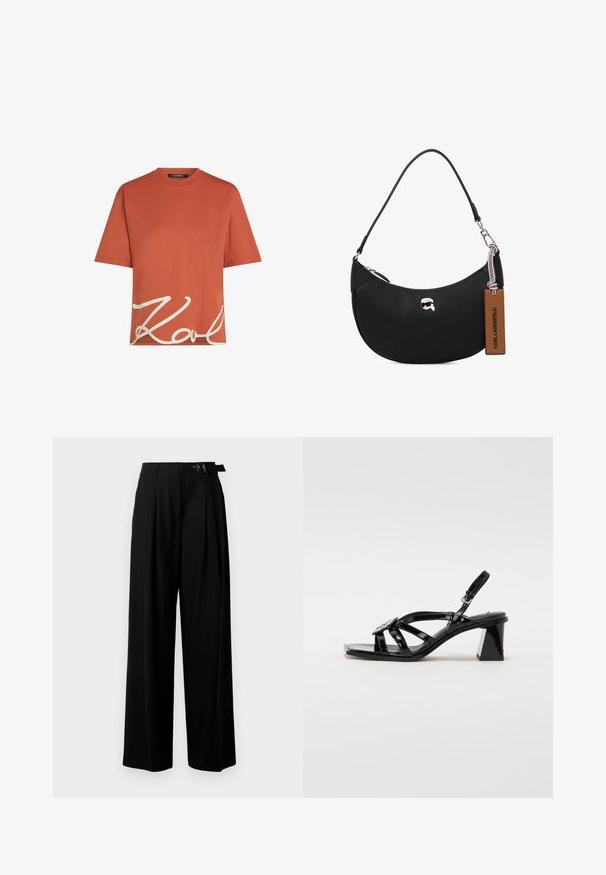 T-shirt z krótkim rękawem w kolorze rdzy, z okrągłym dekoltem, na przodzie z białym nadrukiem podpisu "Karl". Gładka tekstura.; Czarne spodnie szerokie w nogawkach z wysokim stanem, z plisami z przodu oraz paskiem z klamrą. Wykonane z gładkiego, lekkiego materiału.; Czarne lakierowane sandały na wysokim obcasie z otwartym palcem, szerokimi paskami, regulowanym zapięciem i geometrycznym słupkowym obcasem.; Czarna skórzana torba o fakturze powierzchniziwczyni, o zaokrąglonym kształcie, zamykana na zamek błyskawiczny na górze, z metalowymi elementami w kolorze srebrnym i brązową metką. Posiada akcent logo.
