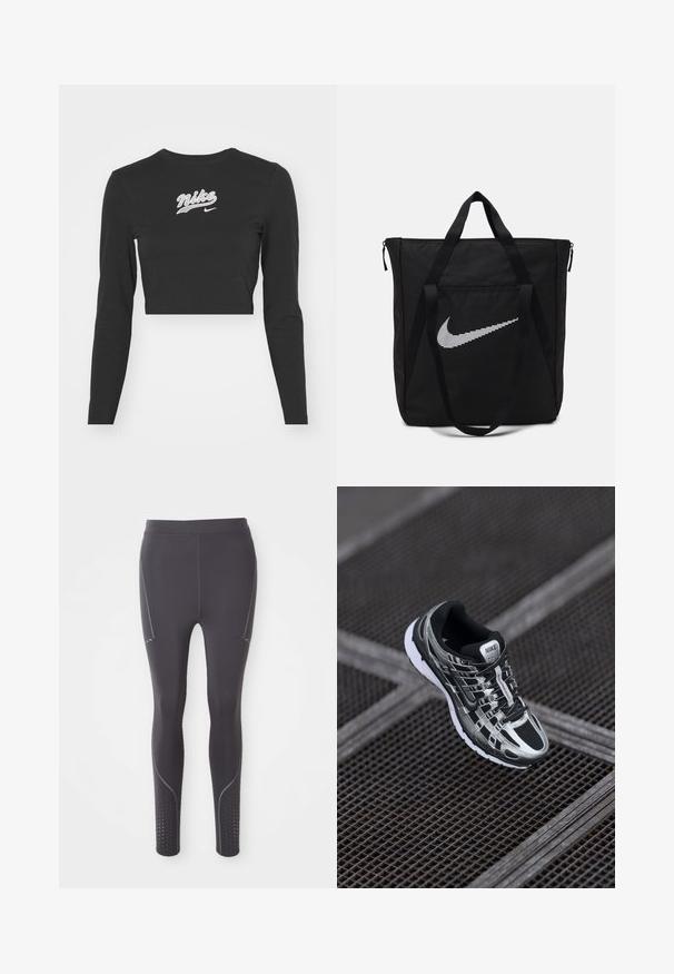 Melnā garām piedurknēm crop top krekls, izgatavots no kokvilnas, ar baltu izšūtu "Nike" logo un svītru uz krūtīm, apaļu kakla izgriezumu un pieguļošu apgriezumu.; Melnas sporta leggingas, kas izgatavotas no elastīga auduma, ar smalkiem pelēkiem akcentiem, sānu paneļiem un perforētiem rakstiem pie potītēm.; Nike skriešanas apavi ar melnas un sudraba krāsas shēmu, acs augšdaļu, teksturētu zoli un saistes sistēmu drošai piegulšanai.; Melna neilona koferis ar divām izturīgām rokturiem un ar rāvējslēdzēju. Tam ir izteikts balts Nike swoosh logotips horizontāli svītrainā dizainā.