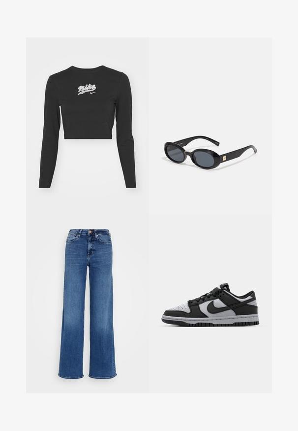 Fekete, hosszú ujjú, rövid fazonú pamut póló, fehér hímzett "Nike" logóval és swoosh-zsal a mellkasán, kerek nyakkivágással és testhezálló szabással.; Középkék, magasan derekú farmernadrág széles szárakkal, gomb- és cipzárzárral, elülső és hátsó zsebekkel, sima világosszürke háttér előtt.; Fekete és szürke Nike Dunk alacsony szárú sportcipők perforált orral, sima bőrfelületekkel és gumitalppal, amely texturált mintázattal rendelkezik.; Fekete, ovális napszemüveg sötét lencsékkel, fényes műanyag kerettel, széles szárakkal és egy apró arany díszítéssel az egyik oldalon.