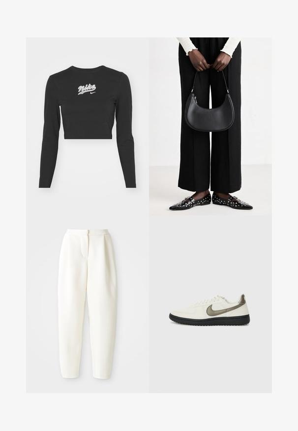 Svart langermet crop topp laget av bomull, med hvit brodert "Nike" logo og swoosh på brystet, rund halslinje og tettsittende design.; Høytlivede, smale hvite bukser med skjult frontlukking og sidelommer, vist mot en ensfarget hvit bakgrunn.; Nike Sportswear FIELD GENERAL - Joggesko - off-white/black; Svart skinn skulderveske med en avrundet form, glanset overflate og sølvfargede detaljer. Person iført sorte vide bukser og naglede loafers.
