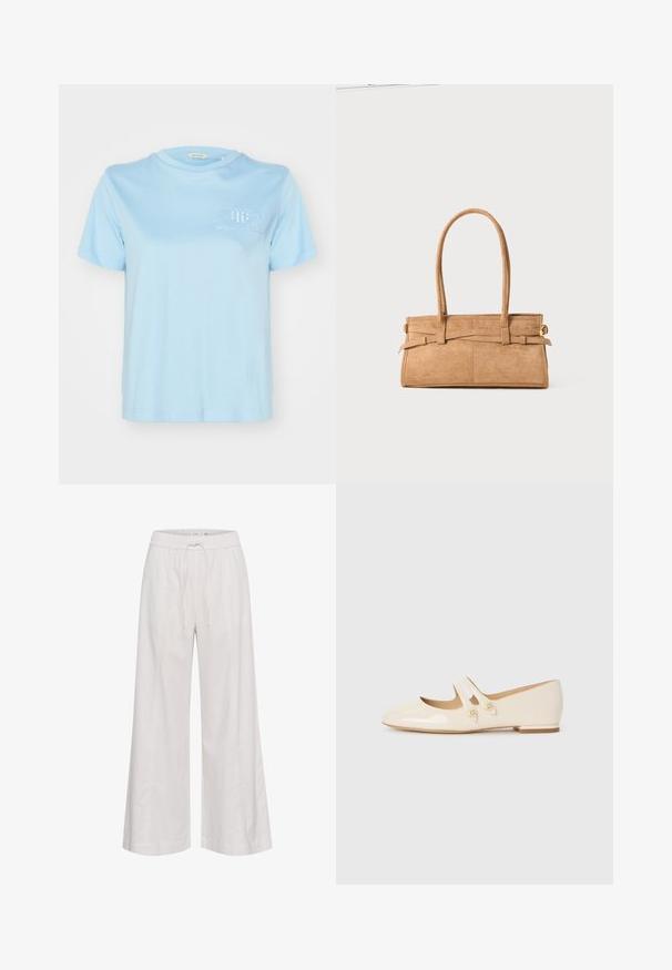 Jasnoniebieska bawełniana koszulka z okrągłym dekoltem, krótkimi rękawami i haftowanym logo "GANT AMERICAN SPORTSWEAR" na piersi.; Spodnie z szerokimi nogawkami z miękkiego białego materiału, z elastycznym pasem z sznurkiem, gładką fakturą i bez dodatkowych ozdób.; Białe lakierowane baleriny z dwoma dekoracyjnymi paskami i złotymi guzikami, z okrągłym noskiem i niskim obcasem w kształcie słupka.; Torebka z brązowego zamszu z dwoma długimi uchwytami, prostokątnym kształtem i dekoracyjnym przeszyciem. Posiada boczny pasek oraz subtelne akcenty w kolorze złotym.