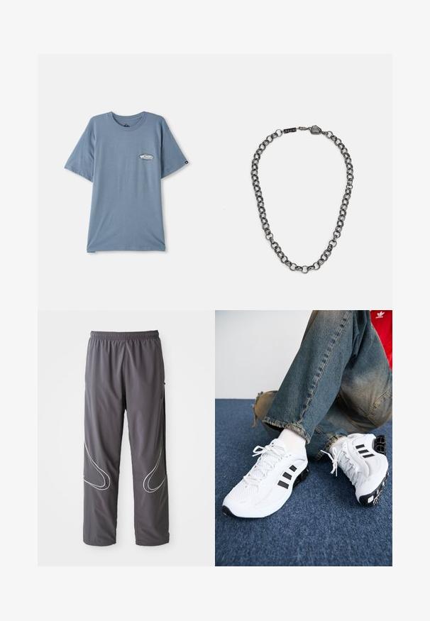 Blue cotton t-shirt with short sleeves, crew neck, and a small logo print on the left chest area. Soft texture, relaxed fit.; Men's gray athletic pants with an elastic waistband, zippered pockets, and reflective white accents on the sides. Lightweight, smooth texture.; White mesh athletic shoes with black accents, featuring a textured design and distinctive sole, paired with blue denim jeans.; Metal chain necklace with elongated links in a dark gunmetal color. Features a geometric accent and clasp with branding detail.