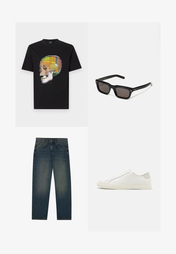Juodas medvilninis marškinėliai su spalvinga kaukolės grafika, kuriai būdingi rudos, žalios ir rožinės spalvos atspalviai ir ryškūs kontūrai.; Tamsiai mėlyni džinsai su tiesiu kirpimu, penkių kišenių dizainu ir šiek tiek nudilusiomis kojomis. Tinka kasdieniam dėvėjimui.; Baltos odinės sportinės avalynės, lygiu paviršiumi, apvaliu nosiu ir minimalistiniu dizainu. Su smėlio spalvos akcentais ant kulno ir guminis padas.; Juodos stačiakampės akinių nuo saulės su tamsiais objektyvais, storu plastiko rėmu, auksinėmis detalėmis ant šventyklų ir prekės ženklo logotipu išgraviruotu ant šono.