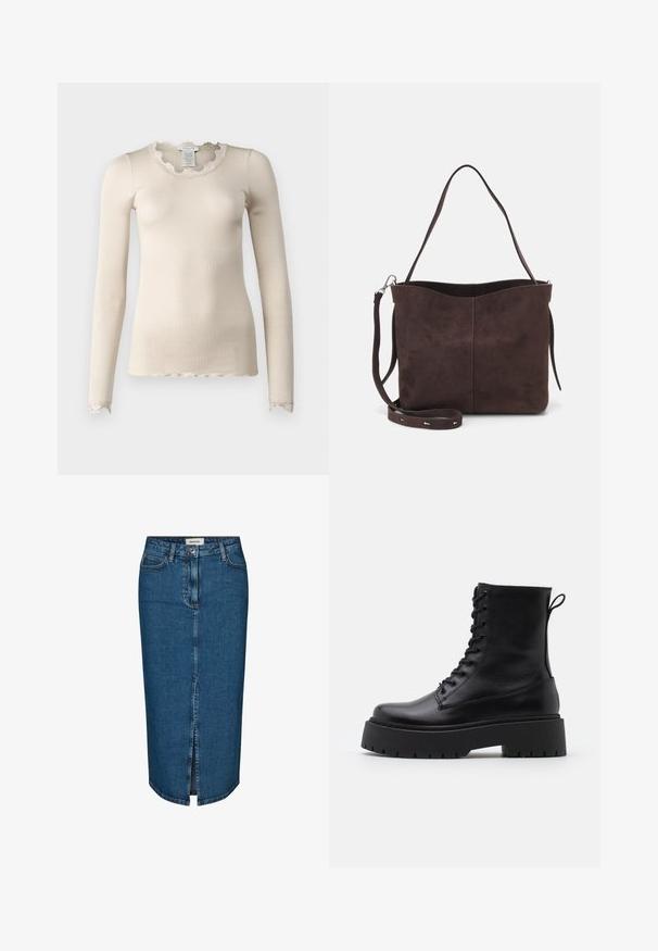 Rosemunde BABETTE - Langarmshirt - beige; Dunkelblauer Denim-Bleistiftrock mit einem Schlitz vorne, fünf Taschen und kontrastierenden Nähten. Mittlere Taillenhöhe mit klassischem Design.; Schwarze Lederstiefeletten mit runder Zehenpartie, Schnürung vorne und einer dicken Gummisohle mit strukturiertem Profil. Mit Zugschlaufe an der Rückseite.; Braune Wildleder-Tasche mit weicher Textur, ausgestattet mit einem einzelnen Schulterriemen und einer dezenten, gewölbten Öffnung an der Oberseite. Keine sichtbaren Beschläge.