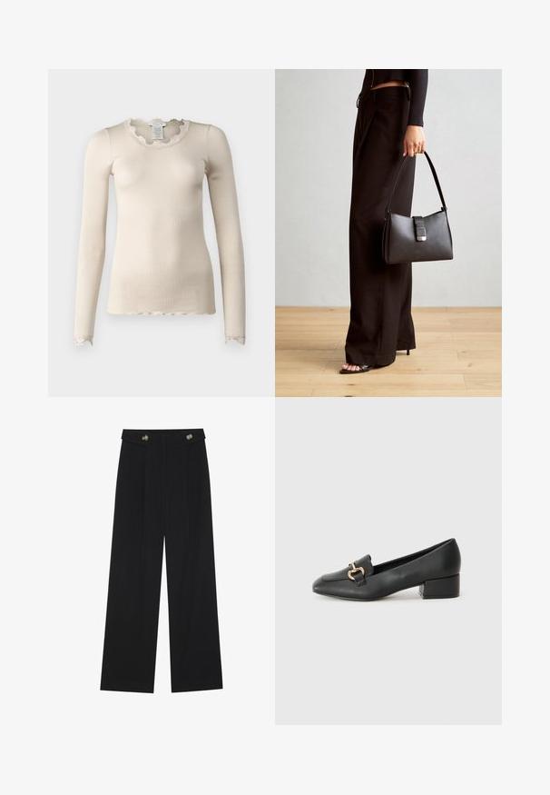 Rosemunde BABETTE - Hosszú ujjú felső - beige; Fekete, bő szárú nadrág magas derékkal, gombos részletekkel a derékrészen és elülső pliszékkal.; Fekete bőr loaferek lapos talppal, dekoratív arany hardware részlettel az elején és sima felülettel.; Fekete kézi táska strukturált formával, sima textúrával és fémből készült záródással. Széles fekete nadrággal és nyitott orrú szandállal párosítva, fából készült padlón.