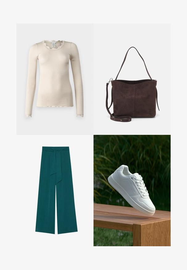 Rosemunde BABETTE - Top s dlouhým rukávem - beige; Široké kalhoty v tmavě modrozelené barvě s texturovaným povrchem, s páskem na uvázání pro nastavitelné uchycení a volnou siluetou.; Bílé tenisky s hladkým syntetickým svrškem, perforovanou špičkou, plochými tkaničkami a texturovanou podrážkou, vystavené na dřevěném povrchu.; Hnědá semišová taška přes rameno s jemnou texturou, vybavená jedním popruhem na rameno a decentním zakřiveným horním otvorem. Žádné viditelné detaily z hardware.
