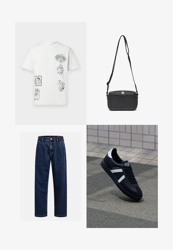 Camiseta de algodón blanca con gráficos impresos en verde, que incluyen diseños de animales y elementos de texto, en diferentes posiciones y tamaños.; Jeans de mezclilla azul oscuro con un diseño de pierna recta. Presentan costura visible, cierre de botón y pliegues frontales para un detalle adicional.; Zapatilla de cuero negra con rayas blancas, suela de goma texturizada y parte frontal con cordones. Cuenta con una etiqueta de marca en la lengüeta.; Bolso cruzado de piel negra con cierre de cremallera, logotipo embossing en el frente y correa ajustable. Textura suave con forma rectangular.