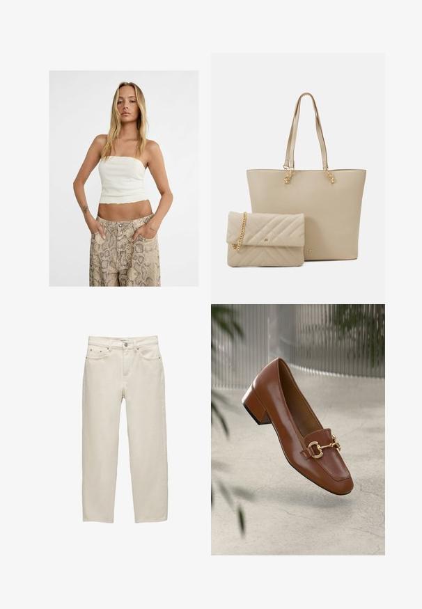 Stradivarius Top - white; Bílé džínové kalhoty s uvolněným střihem, rovné nohavice, pět kapes a kovové detaily s jemnou texturou.; Hnědé lakované kožené mokasíny se čtveratou špičkou, kovovým řetízkovým akcentem a nízkým blokovým podpatkem; hladká textura, minimalistický design.; Beige taška přes rameno s plochými uchy, hladkým povrchem a zlatými detaily, doplněná o odpovídající prošívanou psaníčko s řetízkem.
