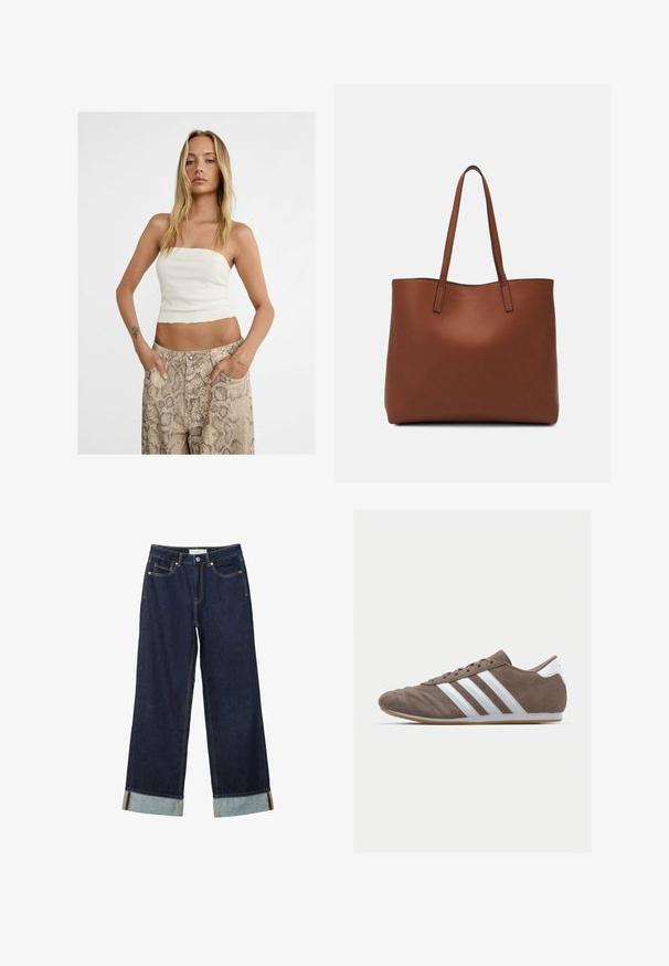 Stradivarius Toppi - white; Tummansinisiä leveälahkeisia farkkuja, joissa on korkea vyötärö, käännetyt lahkeet, kontrastiväriset ompeleet ja viisi taskua. Valmistettu denim-kankaasta.; Ruskea mokkaboots-urheilujalkine, jossa on valkoiset raidat, pyöreä kärki, nauhakiinnitys ja kumipohja. Teksturoitu päällinen, jossa on ompelutiedot.; Ruskea nahkainen olkalaukku, jossa on sileä pinta, avoin yläosa ja kaksi olkahihnaa. Omaavat vain minimaalisen ompelun eikä näkyvää metalliosaa.