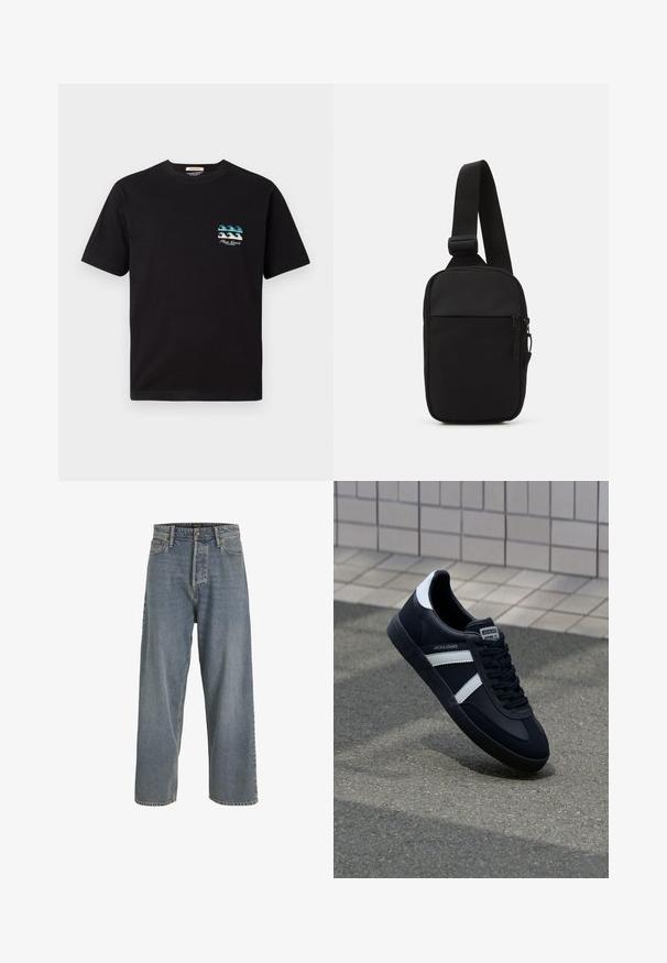 Črna bombažna majica s kratkimi rokavi. Na levem prsnem mestu je majhna grafika valov v modri in beli barvi. Ima okrogel izrez in sproščen kroj.; Svetlo modri široki jeansi iz džinsa z visokim pasom, oblikom petih žepov in vidnimi šivi. Mehka tekstura z rahlo zbledelim videzom.; Črne usnjene superge z belimi črtami, teksturiran gumijast podplat in zavezovanje spredaj. Imajo označeno oznako na ježku.; Črna torba za čez ramo, izdelana iz trpežnega materiala, z enim nastavljivim trakom, z glavnim predalom na zadrgo in sprednjim žepom.