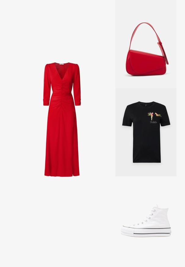 Juodas medvilninis marškinėliai trumpomis rankovėmis, su kišenės spauda, kurioje pavaizduoti du spalvingi paukščiai, tropiniai lapai ir tekstas "Pilnas saldžių širdelių."; Raudona suknelė su V formos iškirpte, trimis ketvirtadaliais rankovėmis ir susiraukšlėjimo detalėmis juosmens ir nugaros srityse. Audinys atrodo lygus ir lengvas.; Balti aukštakulniai drobės sportbačiai su juodu guminio pado, priekinio guminio piršto dangteliu ir šešiais akytėmis raištams, pasižymintys švariu, minimalistiniu dizainu.; Raudona odinė rankinė su kampuota, geometrine forma. Pasižymi viena reguliuojama dirželiu ir dangteliu su siuvinėtais dekoracijomis.