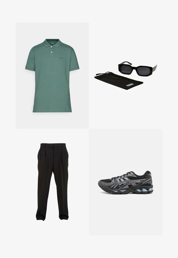 GAP LOGO - Pólóing - forest green; Fekete nadrág sima anyagból, elöl pleátokkal, gombos derékpánttal és keskenyített bokarészekkel. Klasszikus szabásvonal.; Fekete sportcipő hálós felsőrésszel, ezüst részletekkel és párnázott talppal. Fűzős kialakítással és mintázott talppal a jobb tapadás érdekében.; Fekete napszemüveg szögletes, túlméretezett kerettel és sötét lencsékkel, egy fekete mikroszálas tasakkal, rajta egy logóval.
