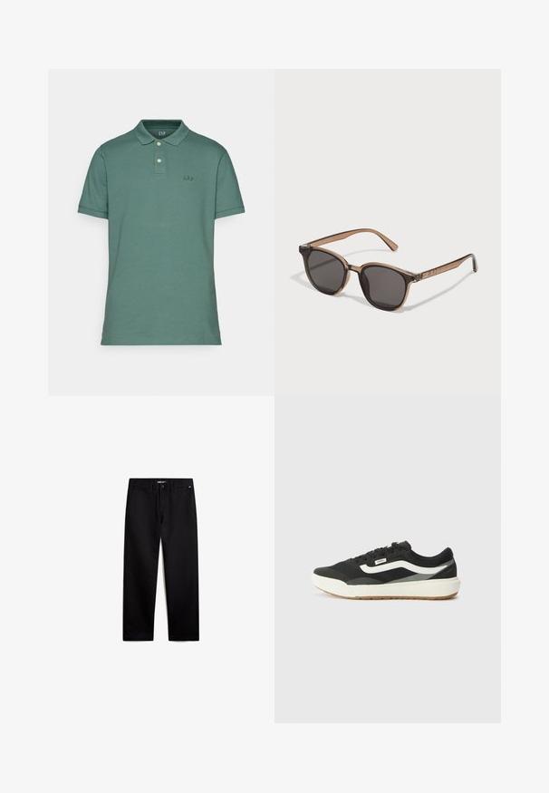 GAP LOGO - Polotričko - forest green; Černé bavlněné kalhoty rovného střihu se zipem vpředu a předními kapsami. Hladká textura, žádné viditelné vzory a minimální kovové prvky.; Černé sneakers s bílými detaily, se hladkým syntetickým povrchem, kulatým tvarem a gumovou podrážkou, spárované se světlými béžovými kalhotami.; Hnědé plastové sluneční brýle s tmavými skly, kulatý tvar a zúžené nožky. Výrazná ozdoba na stranicích.