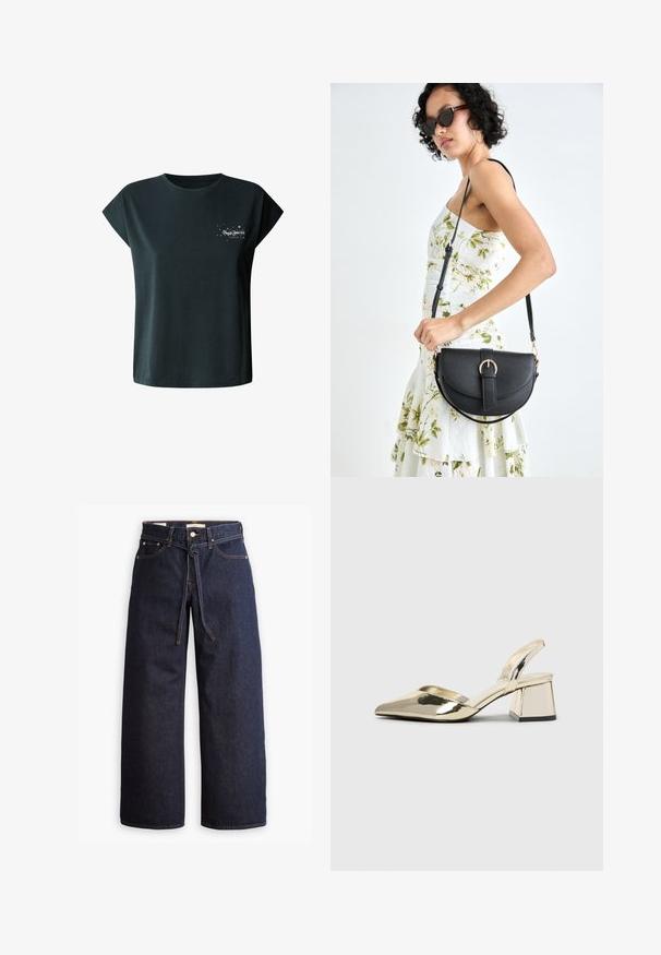 Tamsiai žalia trumpomis rankovėmis medvilninė marškinėliai, kuriuose kairėje krūtinės pusėje pavaizduota balta "Pepe Jeans London" užrašas ir žvaigždžių motyvai.; Plačios kojų tamsiai mėlynos džinsinės kelnės su aukštu liemeniu, turinčios raištį, penkias kišenes ir kontrastingas siūles.; Auksiniai, metaliniai slingback aukštakulniai bateliai su smailiu pirštu ir masyviu kulnu. Lygus paviršius, minimalizmo dizainas ir siaura juostelė.; Juodas odinis krepšys su išlenkta forma, nuimamu dirželiu ir auksiniais detalėmis. Krepšys turi kilpą su sagtimi.; Aukso tono metalinės auskarai su stilingu, kreiviu dizainu. Išsiskiria ryškiu smailiu pavidalu, poliruota paviršiumi ir užsegimu su vyriu.