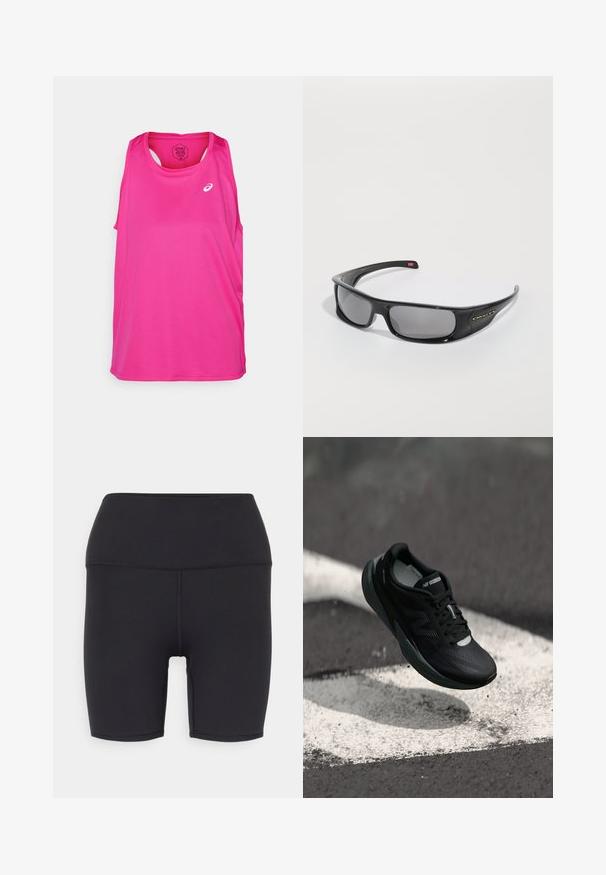 Rosa trenings tanktop med ermeløs design, rund hals og logo på forsiden. Laget av lett, pustende stoff.; Svart treningsshorts laget av elastisk materiale, med høy midje, glatt tekstur, og uten synlige mønstre eller detaljer.; Svart løpesko med teksturert overdel, slank design og reflekterende detaljer. Har en myk, polstret såle for komfort.; Svart Oakley-wraparound solbriller med mørke rektangulære linser og buede armer på en hvit bakgrunn.