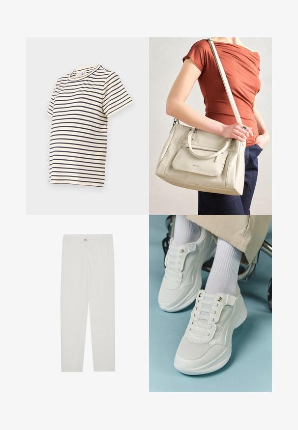 Prugasta majica izrađena od mekog pamuka, s tamnoplavim horizontalnim prugama na bež pozadini, okruglog izreza i kratkim rukavima.; Bela, krojena hlače z ravnimi nogami, ki vključujejo gumbasto zapiranje, zanke za pas in stranske žepe; gladka tekstura tkanine.; Bele teniske z mrežastim materialom, gumene podplate, brez vezalk, z elastikami in zlatimi akcenti.; Bela usnjena torba z dvema ročkama in odstranljivo naramnico, ki ima sprednji žep na zadrgo in gladko teksturo. Nositi jo na osebi na roki.