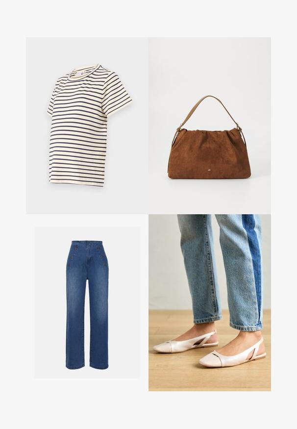 Striped T-shirt made of soft cotton, featuring navy horizontal stripes on a beige background, with a round neckline and short sleeves.; High-waisted denim jeans in medium blue. Features front button accents and wide-leg design. Fabric has a smooth texture with slight fading.; Pale pink slingback flats with a pointed toe, made from a smooth leather-like material. Features cut-out details at the sides and a flat heel.; Brown suede handbag with a gathered design, featuring a single tan leather strap and a subtle gold logo detail on the front.