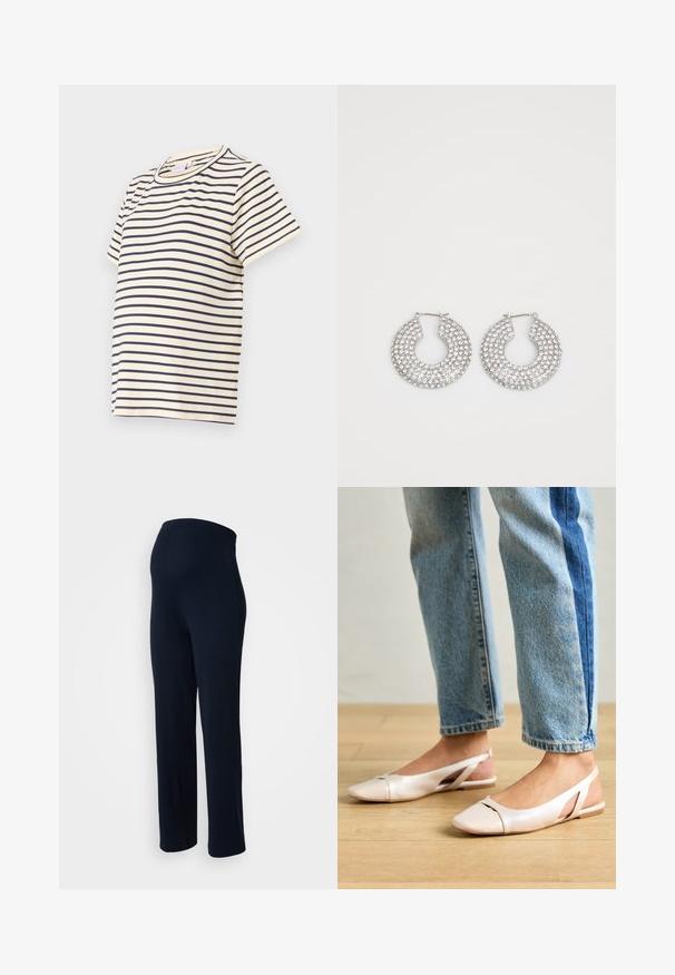 Pruhované tričko vyrobené z měkké bavlny, s námořnickými vodorovnými pruhy na béžovém pozadí, s kulatým výstřihem a krátkými rukávy.; Námořnické modré elastické kalhoty s hladkým povrchem, elastickým pasem a rovnými nohavicemi, bez viditelného kovového zapínání nebo vzorů.; Světle růžové slingback baleríny s špičatou špičkou, vyrobené z hladkého koženému materiálu. Obsahují vystřihovací detaily po stranách a plochý podpatek.; Stříbrné kruhové náušnice zdobené několika průhlednými krystalovými ozdobami, s texturovaným povrchem a otevřeným kruhovým designem.