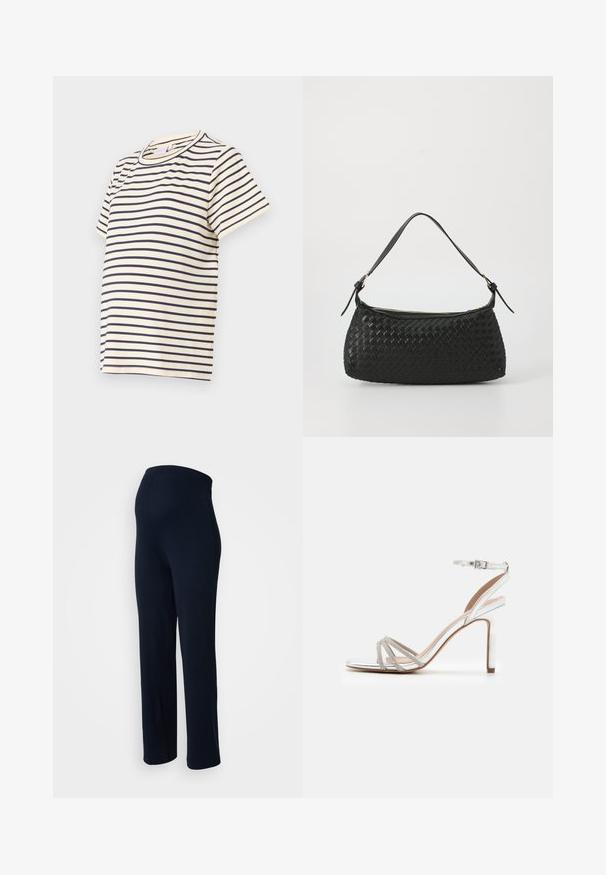 Stripet T-skjorte laget av myk bomull, med marineblå horisontale striper på en beige bakgrunn, rund hals og kortermet design.; Mørkeblå stretchbukser med en glat overflade, elastisk talje og lige bendesign, uden synlige metaldele eller mønstre.; Sølv høyhælte sandaler med flere stropper som har smykkesten, åpen tå-design og ankelspenne. Glatt metallisk finish.; Svart vevd skulderveske med en glatt lærrem og glidelås. Har en teksturert overflate og buet form.