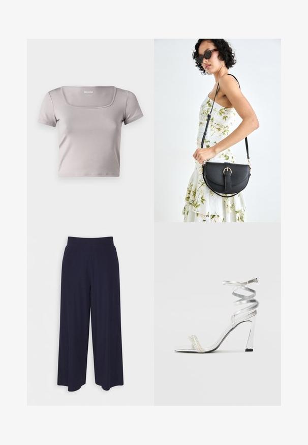 Hollister Co. SEAMLESS DOUBLE SQUARE - Basic póló - ash; Sötét kék anyagból készült, széles lábú nadrág, bordás textúrával. Simább derékrésszel és laza szabással rendelkezik, a vádli közepéig ér.; Ezüst színű, magas sarkú szandál, csillogó pánt dizájnnal, gyöngyszerű díszítéssel és spirális bokapánttal a biztos illeszkedés érdekében.; Fekete bőrtáska ívelt formával, levehető pánttal és arany színű fémrészekkel. A táskán egy csattal díszített fedél található.