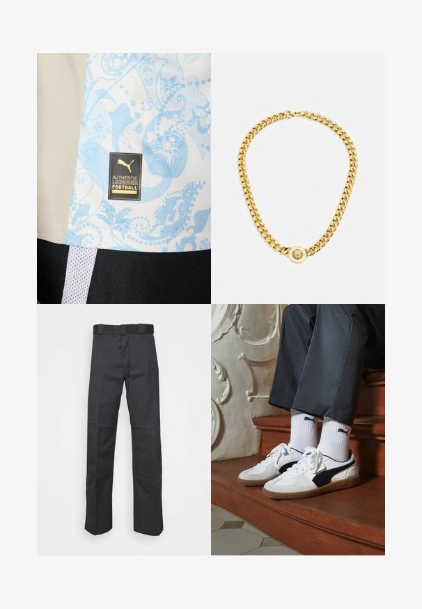 Vaaleanharmaa urheilupaita, jossa on sininen paisley-kuvio, musta etiketti, jossa on kultaiset tekstit "AITO LISENSSI JALKAPALLOON."; Mustat pantsit kestävästä kankaasta, suoran lahkeen muotoilu, vyötärönauha, jossa on vyölenkit, ja saumat lisätekstuuria varten.; Puma-tenniset valkoisesta ja mustasta mokasta, joissa on ruskea kumipohja. Yhdistetty valkoisten sukkien kanssa, joissa on musta logo, tummien housujen kanssa.; Kultaketju, jossa on suuret toisiinsa kytkeytyvät lenkit, keskellä on pyöreä pendantin yksityiskohta, jossa on kohotettu emblem.