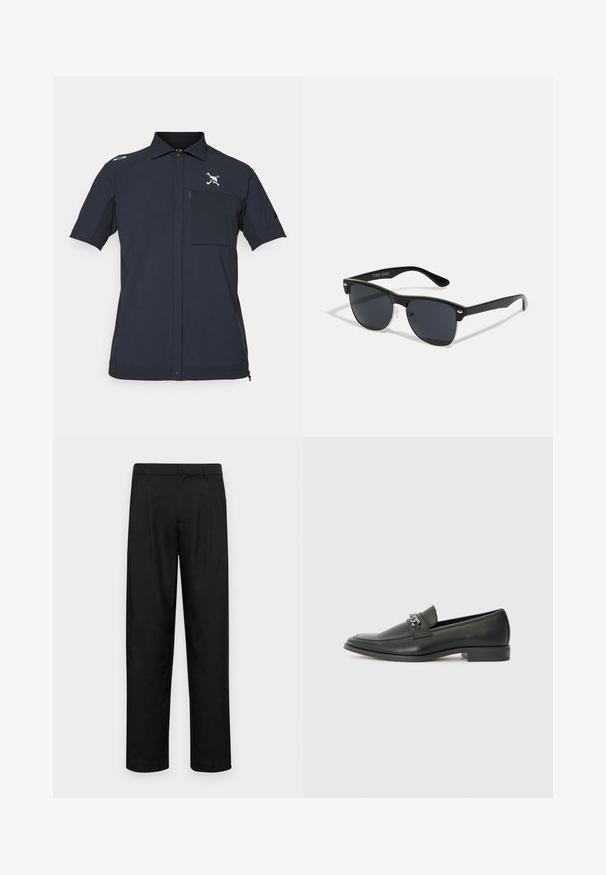 Rövid ujjú ing sötét tengerészkék anyagból, elülső zsebből cipzárral, gombos záródással és hímzett logóval a mellkason.; Fekete nadrág sima anyagból, egyenes szárú fazonnal, két elülső redővel és közönséges derékkal, övhurkokkal.; Fekete bőr loaferek sima felülettel, varrott mintával és díszítő fém lánccal a cipő elején. Lapos sarok.; Fekete napszemüveg, téglalap alakú, sötét lencsékkel, ezüst részletekkel a szárakon, és matt felülettel a kereten.