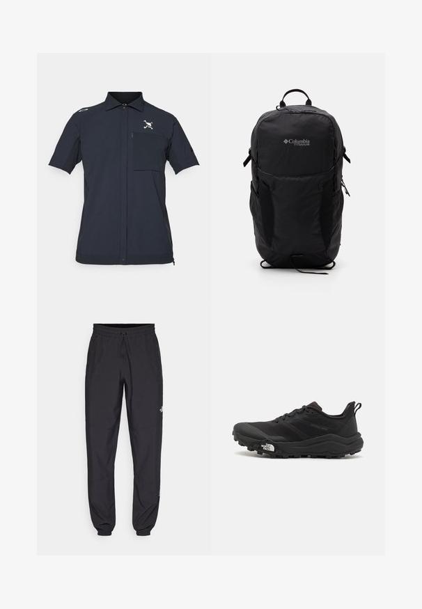 Koszula z krótkim rękawem w ciemnogranatowym materiale, z kieszenią na zamek z przodu, zapięciem na guziki oraz wyszywanym logo na klatce piersiowej.; Czarne spodenki sportowe wykonane z lekkiego materiału, z elastycznym pasem na sznurek, bocznymi kieszeniami i zwężanymi mankietami przy kostkach.; Czarne buty do biegania w terenie z teksturowaną cholewką, gumową podeszwą i wzmocnionym noskiem. Posiadają wyściełany kołnierz oraz uchwyt do łatwego zakładania.; Czarny plecak Columbia Titanium z gładką teksturą materiału, bocznymi kieszeniami, górnym uchwytem i regulowanymi paskami. Minimalistyczny design z subtelnym logo.