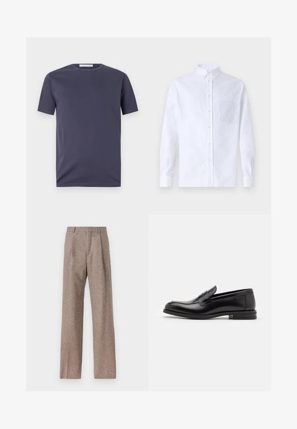 Námořnická modrá polokošile s krátkým rukávem vyrobená z hladkého materiálu. Obsahuje kulatý výstřih a jemné švy. Minimalistický design bez vzorů.; Bílá dlouhá košile s knoflíky vyrobená z bavlny, která má náprsní kapsu s tónovanou výšivkou, límec a knoflíkové manžety.; Hnědé kalhoty s vysokým pasem vyrobené z texturované látky. Mají široké nohavice a dva přední sklady pro strukturu. Úhledné provedení bez viditelné kovových částí.; Černé kožené polobotky s hladkou texturou, zaoblenou špičkou a zdobným páskem přes nárt. Nízký stohovaný podpatek, minimalistický design.