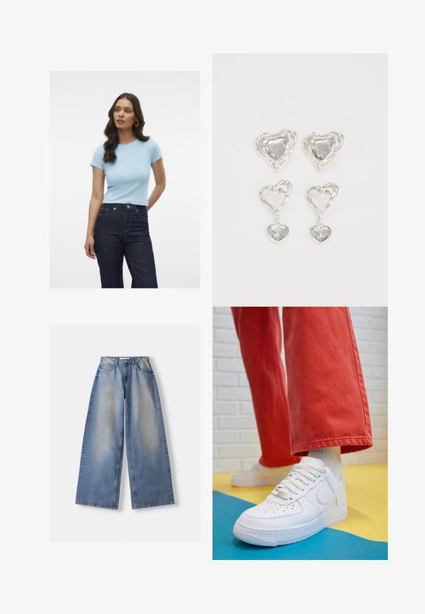 Light blue ribbed t-shirt with short sleeves, round neckline, and fitted design, paired with dark high-waisted jeans.; Wide-leg blue denim jeans with high waist and faded details, laid flat on white background.; White leather sneaker with perforated toe box, textured sole, and white laces, paired with wide red pants and a blue and yellow background.; Silver heart-shaped earrings feature faceted clear stones, with a textured frame. The set includes stud and drop styles.; Black wallet made of synthetic material with a textured finish, featuring a gold triangle logo and a zip closure with a wrist strap.