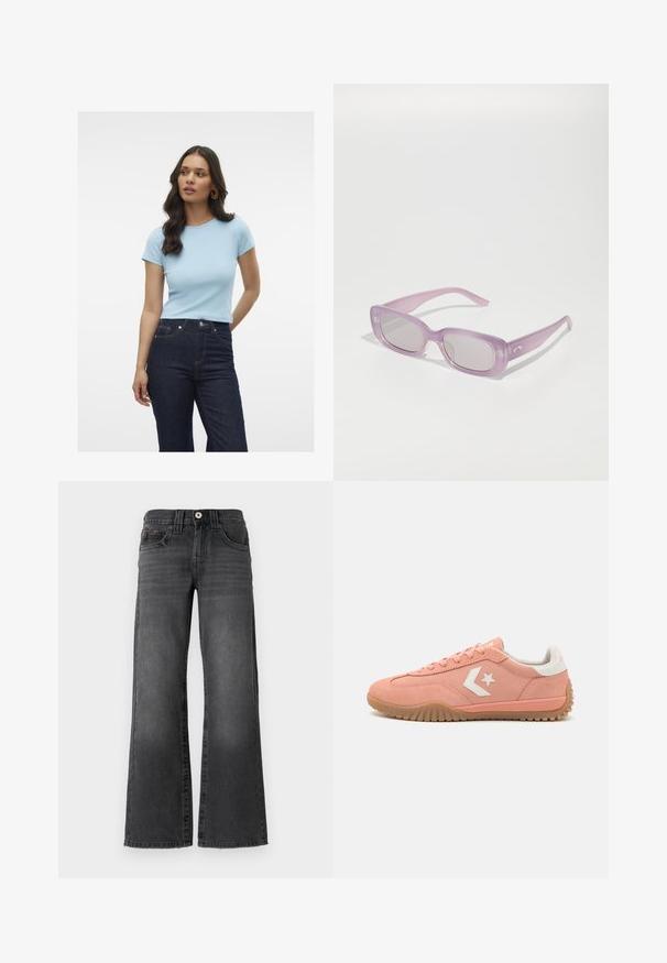 Šviesiai mėlynas briaunotas marškinėliai su trumpomis rankovėmis, apvaliu kaklu ir prigludusia forma, derinami su tamsiomis aukšto liemeniu džinsais.; Tiesios kojos džinsai tamsiai pilkos spalvos džinsinio audinio. Yra penki kišenės, mygtuko užsegimas ir subtilus išblukimas audinyje. Klasikiniai siuvimo akcentai.; Rožinės zomšinės sportbačiai su baltais akcentais, raištelių dizainas, tekstūruota guminė padas ir žvaigždutės logotipas šone. Žemo profilio ir lengvi.; Violet spalvos, stačiakampiai saulės akiniai su permatomu rėmu, pilkais objektyvais ir subtiliu prekės ženklu ant šventyklos; sklandus paviršius, minimalus metalinių detalių kiekis.