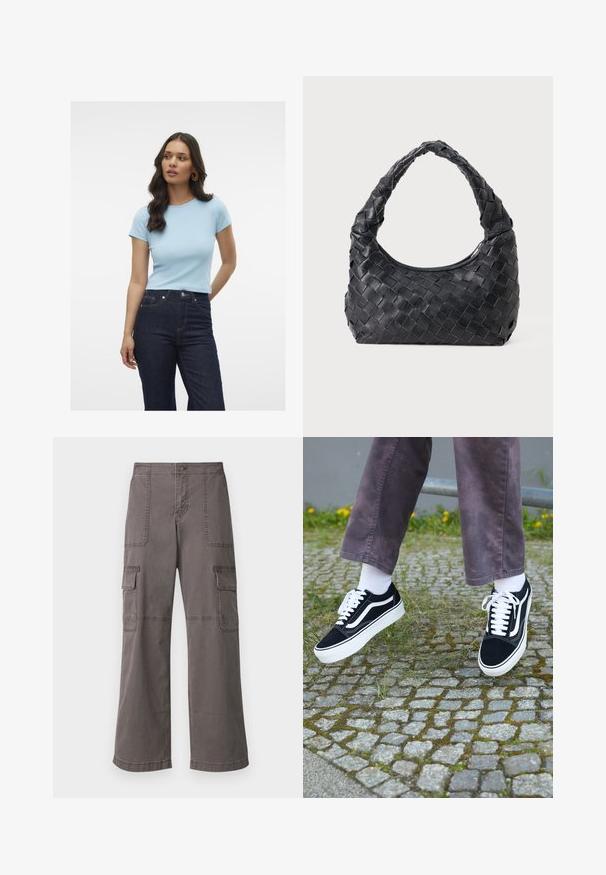 Svetlo modra rebrasta majica s kratkimi rokavi, okroglim izrezom in prilegačim dizajnom, kombinirana s temnimi visokim pasom.; Sive cargo hlače iz bombaža z širokim krojem, ki imajo dva sprednja žepa, dva stranska žepa in vidne šivanske detajle.; Črne semiš teniske z belimi akcenti, s krožno prstom, debelim belim podplatom in klasičnim vezanjem, nošene z belimi nogavicami in vijoličnimi hlačami.; Črna usnjena torba za čez ramo z pletenim vzorcem, zaobljenim ročajem in oblika crescent na enobarvni podlagi.